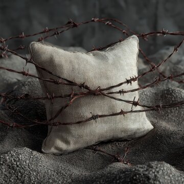 Una almohada envuelta en alambre de p&uacute;as sobre un fondo oscuro y texturizado.