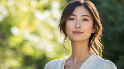 Naklejka premium Portrait of a Calm Asian Woman Outdoors with Soft Natural Lighting and a Serene Expression