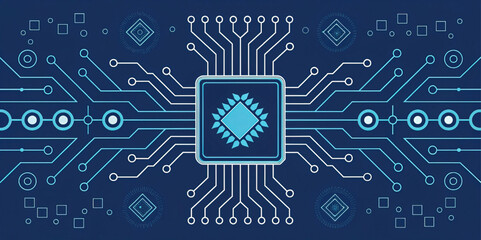 Tech circuit chip concept, symmetric line design, digital geometry, vector illustration, sci-fi decor, innovation element, electronic art, modern technology, visual layout, tech background.