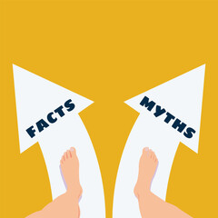 Vector illustration of a person standing at a crossroads choosing between facts and myths