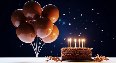 A birthday cake with candles and balloons against a dark background with bokeh lights effect design