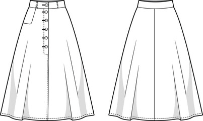 PrintA-line button front skirt technical flat, fashion design sketch, women’s clothing template, garment construction illustration, sewing pattern, apparel design