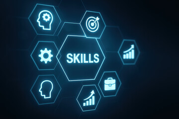 Fototapeta premium Essential career skills business technology icon digital concept growth target essential career skills for business success are highlighted this digital concept with icons representing growth