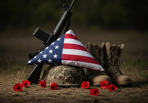 Fallen soldier memorial with american flag, rifle, and boots - Powered by Adobe