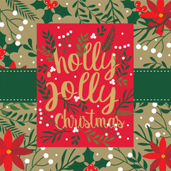 Christmas card with lettering and wreath flowers