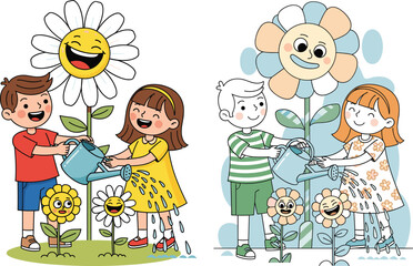 Children watering smiling flowers, teamwork, gardening activity, cartoon style, nurturing nature, colorful petals, happy expressions, outdoor play, growth, fun, printable illustration