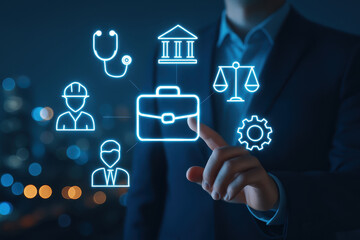 Naklejka premium Essential career skills in business are highlighted by person interacting with digital icons representing various professions and industries in futuristic setting