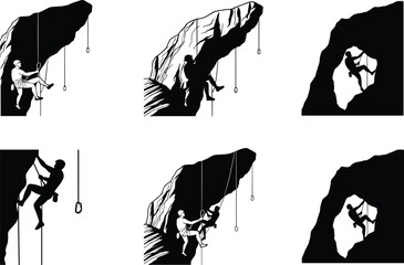 climbing, mountain, adventure, cave, silhouette, rope, cliff, sport, extreme, teamwork, belay, ascent, outdoor, expedition, gear