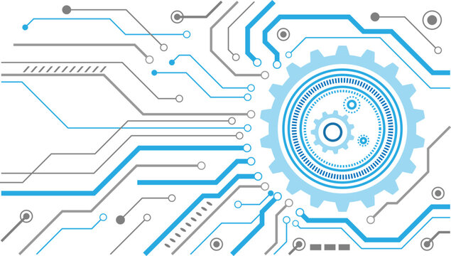 Futuristic technology illustration with a complex circuit board and gear mechanism on a white background.