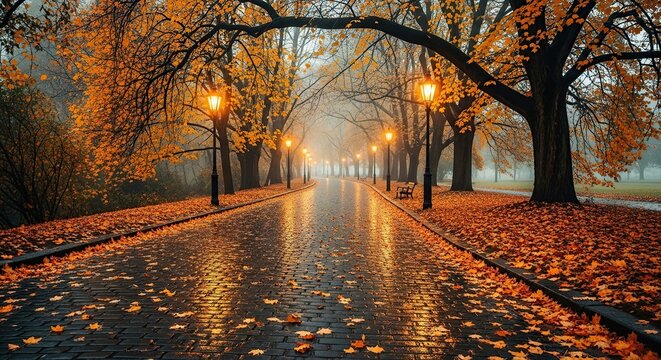 Autumn park pathway with glowing lanterns and fallen leaves