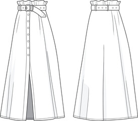 PrintElegant long skirt with belt design, front button details, high waist fashion illustration, stylish women clothing, modern apparel pattern drawing