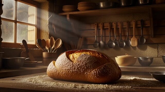 Artisan bread loaf cooling on rustic kitchen table bathed in warm sunlight, inviting viewers to savor the simple pleasures of homemade baking and cozy culinary moments