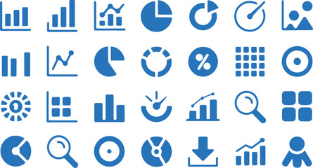 Analytics Dashboard Silhouette Icon Set – Percent, Growth Graph, Decline, Trend, Arrow, Filter, Segmentation, Magnify, Analysis, Document, Vector Illustration