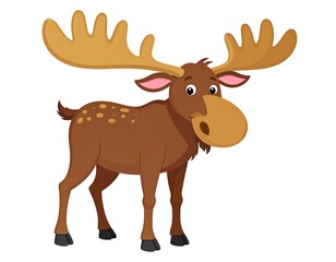 Fototapeta premium A cartoon moose with large antlers, brown fur, and a big nose, standing on a white background