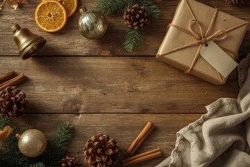 Obraz premium Vintage Christmas Flat Lay on Wooden Table