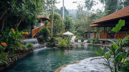 Serene tropical resort with a clear blue swimming pool surrounded by lush green foliage and exotic flowers