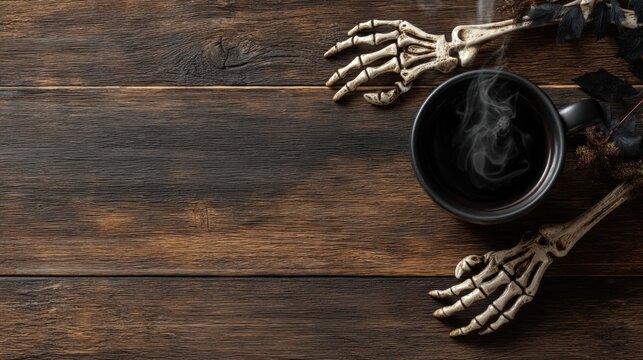 Una taza de caf&eacute; humeante abrazada por una mano esquel&eacute;tica sobre un fondo de madera r&uacute;stica.