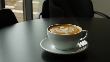 Enjoy a moment with steamy latte art in a modern cafe, perfect for relaxation videos or coffee shop promotions, offering a warm, inviting feeling of comfort - Powered by Adobe