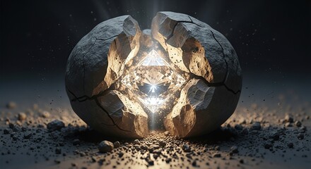 Cracked stone sphere revealing a glowing crystal core