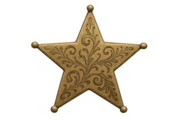 Old western sheriff badge, gold star with decorative swirls, representing justice, authority, and frontier law