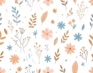 Pastel floral pattern with delicate flowers, leaves, and sprigs scattered