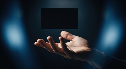 Hand levitating a black rectangular object with blue light beams