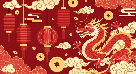 Chinese New Year dragon and red lanterns on red background