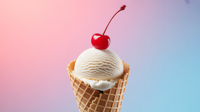 Vanilla ice cream in a waffle cone topped with a cherry against a gradient background