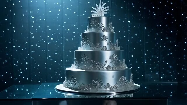Stunning silver wedding cake with elegant floral details for a glamorous celebration, perfect for parties, events, and upscale catering services