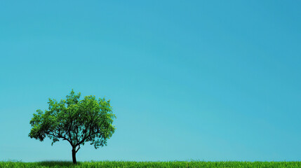 Beautiful landscape wallpaper of a green tree on the grass with a solid blue background