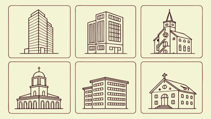 Building illustration collection diverse architectural styles city structures office church landmark vector