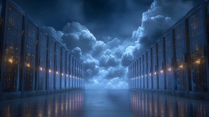 Futuristic Server Hall Under Stormy Sky with Glowing Data Racks – Cloud Computing, AI Infrastructure & Cybersecurity Tech Visualization

