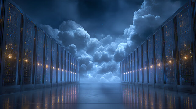 Futuristic Server Hall Under Stormy Sky with Glowing Data Racks – Cloud Computing, AI Infrastructure & Cybersecurity Tech Visualization


