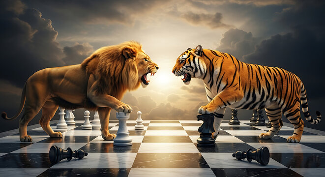Two great predators, a lion and tiger, confront upon a checkered battlefield beneath a dramatic sky