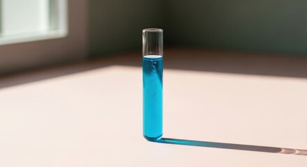 ransparent Test Tube with Blue Liquid on Clean Flat Scientific Surface
