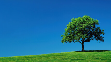 Beautiful landscape wallpaper of a green tree on the grass with a solid blue background