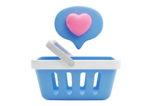 3d icon of blue shopping basket with pink heart isolated on transparent background