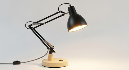 Studio stock photos of a contemporary black adjustable desk lamp with a wooden base, providing focused task lighting against a white background