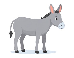 Fototapeta premium A cartoon-style depiction of a standing grey donkey against a white background, isolated