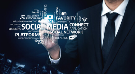 A businessman in a formal suit interacts with various social media and digital marketing elements, showcasing the importance of online engagement and strategy in today business landscape. Tessel