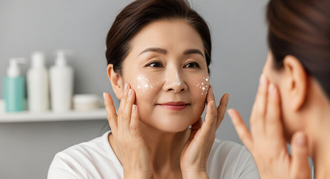 Beautiful mature Asian woman applying cosmetic face cream while looking in the mirror, enjoying her daily skincare and beauty routine