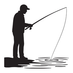 Silhouette of a fisherman casting a line into calm water vector illustration
