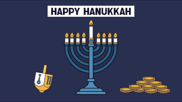 Animated Happy Hanukkah Menorah with Dreidel and Star of David Illustration