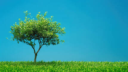 Beautiful landscape wallpaper of a green tree on the grass with a solid blue background