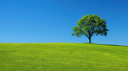 Beautiful landscape wallpaper of a green tree on the grass with a solid blue background