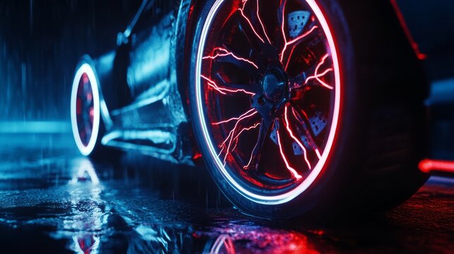 Futuristic sports car wheel with neon lights and reflections on wet road, symbolizing technology, innovation, and speed in modern automotive design, showing energy and motion in dynamic concept tech - Powered by Adobe