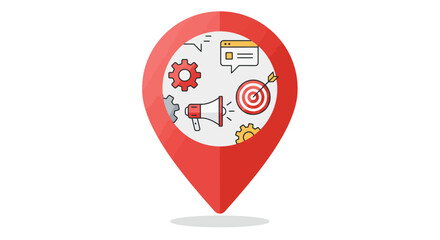 Red location pin with marketing icons inside, representing local marketing or SEO.