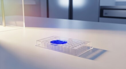 Reaction Plate with Single Blue Spot on White Scientific Surface