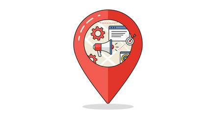 Red location pin with marketing and SEO icons inside, on white background.