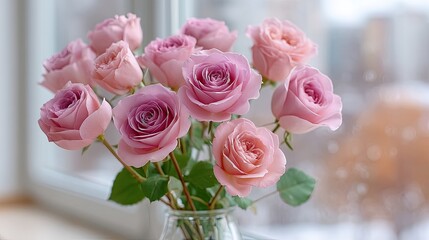 Macro Photo Of Roses Arranged In Soft Pink Purple Tones In A Glass Vase With A Blurred Winter Background And Natural Light Creating A Serene Atmosphere